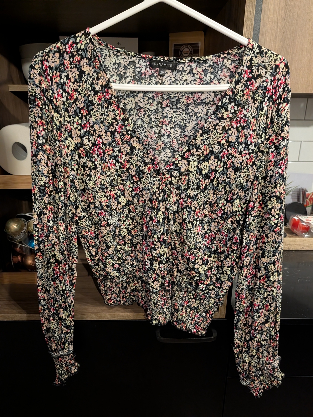 Dynamite Black Floral V-Neck Smocked-Hem Blouse